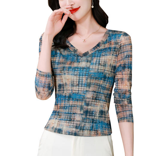 KQL 806c5a7时尚纱网印花长袖V领修身显瘦洋气上衣 商品图4
