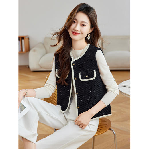 CC早秋新款2025小香风无袖开衫针织衫V领气质外套马甲背心女款马夹 商品图1