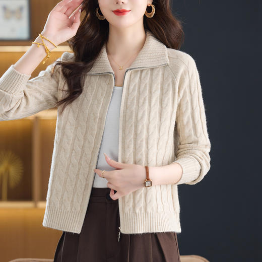 CC翻领针织开衫女拉链衫春秋新款洋气时尚长袖短款外搭宽松毛衣外套 商品图2