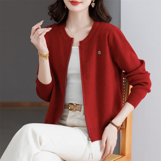 CC红色针织棒球服女开衫短外套2025春秋毛衣外搭上衣双拉链长袖卫衣 商品图0