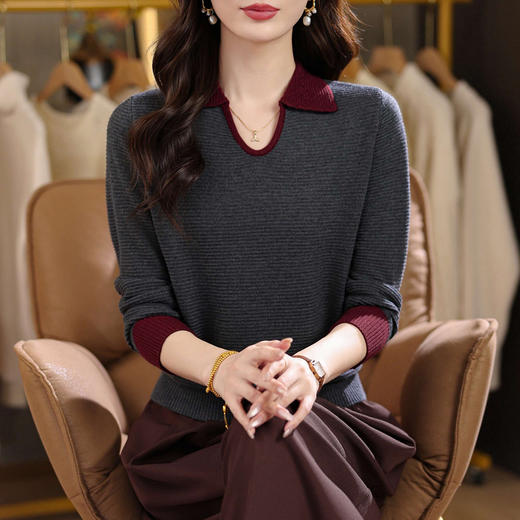 CC翻领长袖上衣针织衫女2025新款秋装洋气polo宽松毛衣打底小衫 商品图3