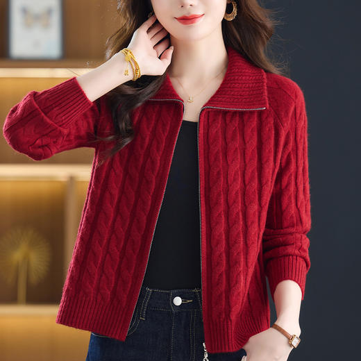 CC翻领针织开衫女拉链衫春秋新款洋气时尚长袖短款外搭宽松毛衣外套 商品图1