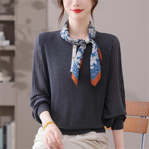 CC漂亮减龄打底衫短款洋气新款春秋薄款针织衫带丝巾的上衣气质时髦 商品图2
