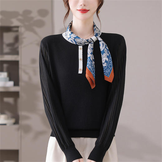 CC漂亮减龄打底衫短款洋气新款春秋薄款针织衫带丝巾的上衣气质时髦 商品图1