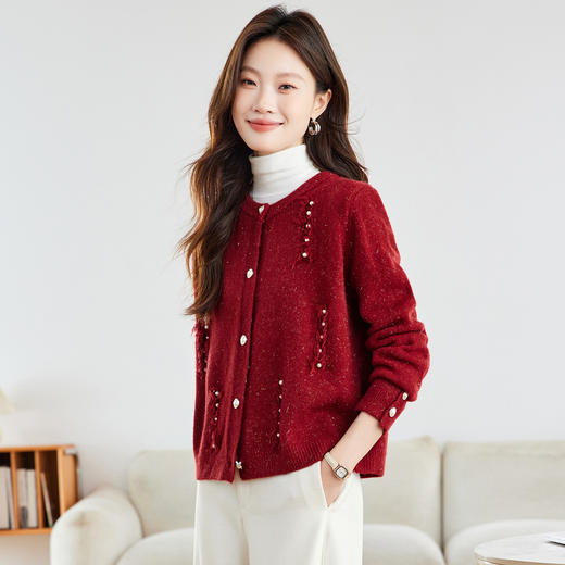 CC本命年羊毛针织开衫女春秋外搭宽松短款洋气上衣休闲圆领毛衣外套 商品图0