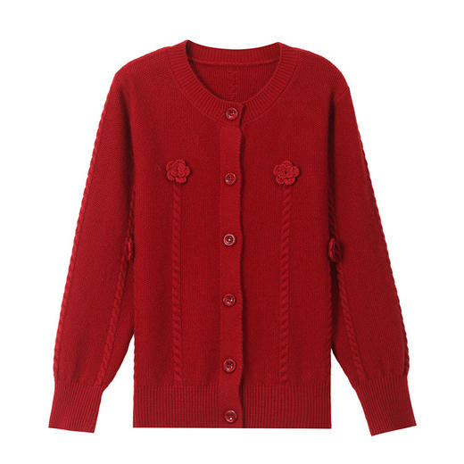 CC红色针织开衫女士气质外搭长袖上衣秋装2025新款立体花朵毛衣外套 商品图4
