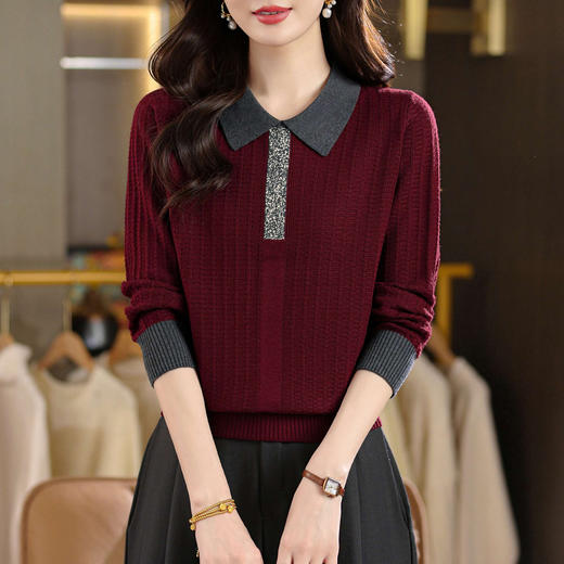 CC翻领长袖上衣针织衫女2025新款秋装洋气polo撞色毛衣打底小衫 商品图2