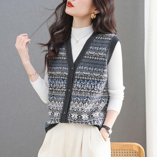 CCV领复古民族风提花无袖针织马甲女2025秋季新款外穿坎肩毛衣背心 商品图1