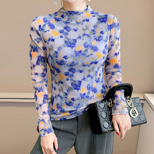 KQL A55F8577时尚洋气高弹网长袖印花上衣 商品图1