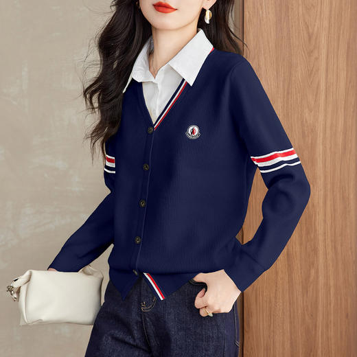 CC假两件拼色长袖衬衫女2025秋季新款休闲设计感气质针织衫短款上衣 商品图0