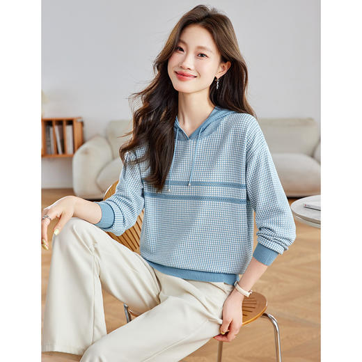 CC2025春秋新款连帽针织衫女千鸟格休闲卫衣韩版长袖宽松套头帽衫女 商品图1
