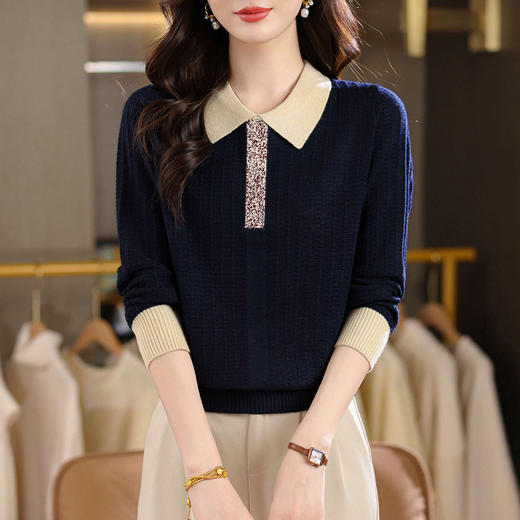 CC翻领长袖上衣针织衫女2025新款秋装洋气polo撞色毛衣打底小衫 商品图1