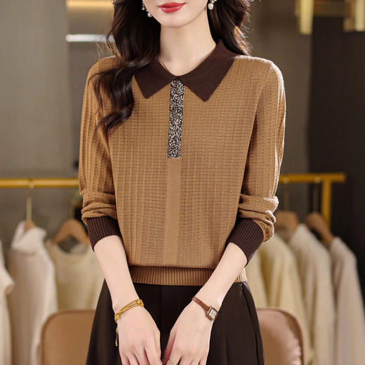 CC翻领长袖上衣针织衫女2025新款秋装洋气polo撞色毛衣打底小衫 商品图0