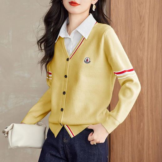 CC假两件拼色长袖衬衫女2025秋季新款休闲设计感气质针织衫短款上衣 商品图2