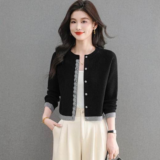 CC2025春秋新款圆领小个子短外套女士洋气蕾丝针织开衫拼色宽松上衣 商品图1