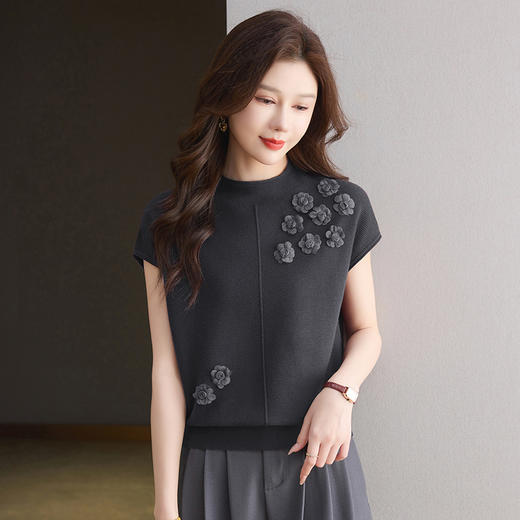 CC2025秋季新款羊毛针织打底衫短袖半高领刺绣港风妈妈装时尚内搭 商品图2