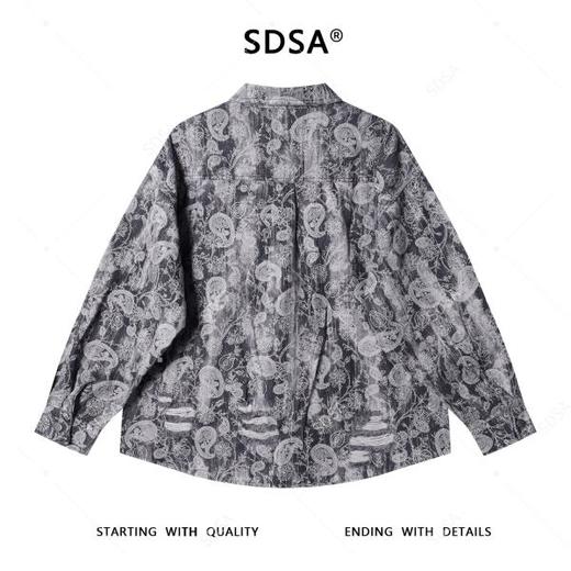 J9822SDSA男士秋冬新款痞帅男装腰果花牛仔翻领长袖村衫磨破设计衬衣 商品图5