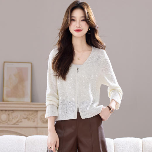 CC针织衫v领开衫女春秋2025新款薄款长袖短款外搭早秋拉链毛衣外套 商品图1