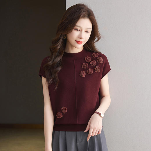 CC2025秋季新款羊毛针织打底衫短袖半高领刺绣港风妈妈装时尚内搭 商品图1