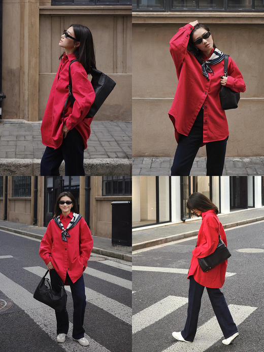 HIDEMI 极简设计感高密水洗牛仔大廓形纽扣式衬衫 马斯正红/水洗复古蓝 商品图3