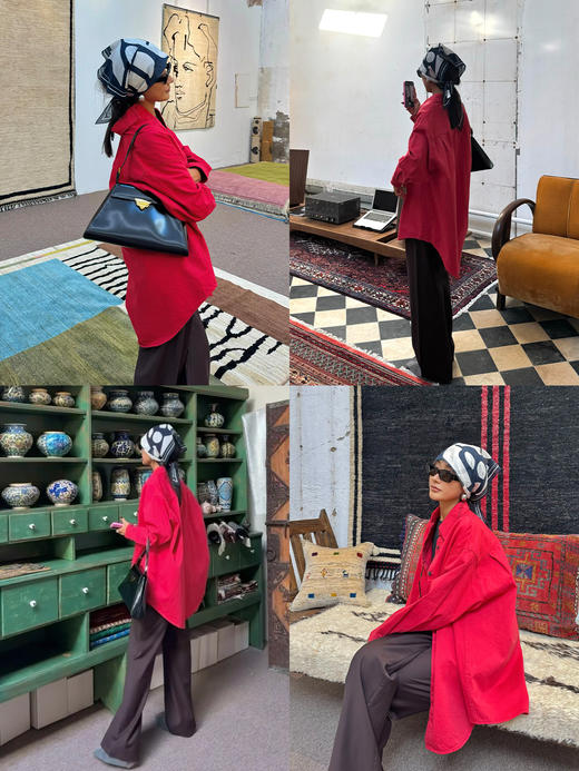 HIDEMI 极简设计感高密水洗牛仔大廓形纽扣式衬衫 马斯正红/水洗复古蓝 商品图2