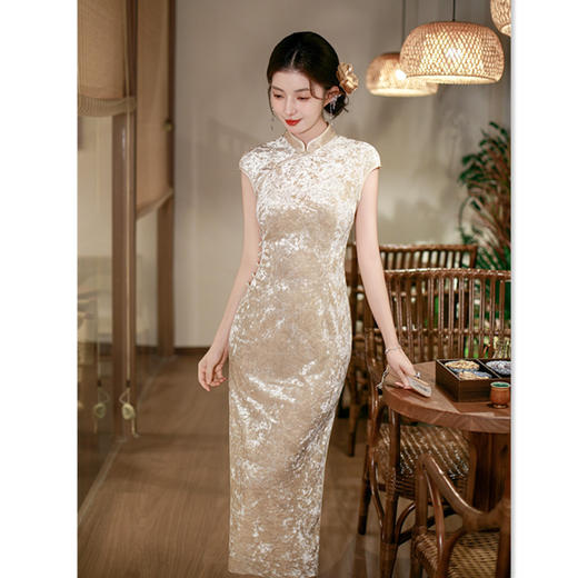 SKY 22798时尚优雅新中式改良丝绒压花旗袍 商品图2