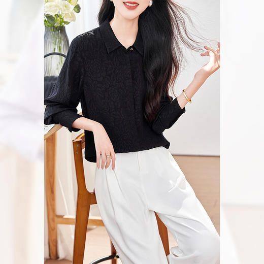 KQ19姆米冠乐绉暗门襟宽松职业长袖女式白衬衣衫女士上衣2025秋真丝 商品图1