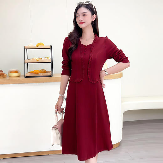 QYM 1125X21-Y时尚连衣裙木耳拼结假两件红色长袖裙 商品图1