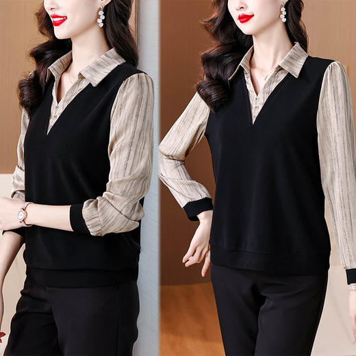 KQL E333M3113针织衫气质妈妈减龄polo领衬衫拼接假两件上衣 商品图2