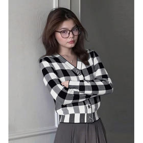 丁摩 高级感格纹单排扣针织开衫女秋季新款气质百搭休闲上衣5ZF-11454