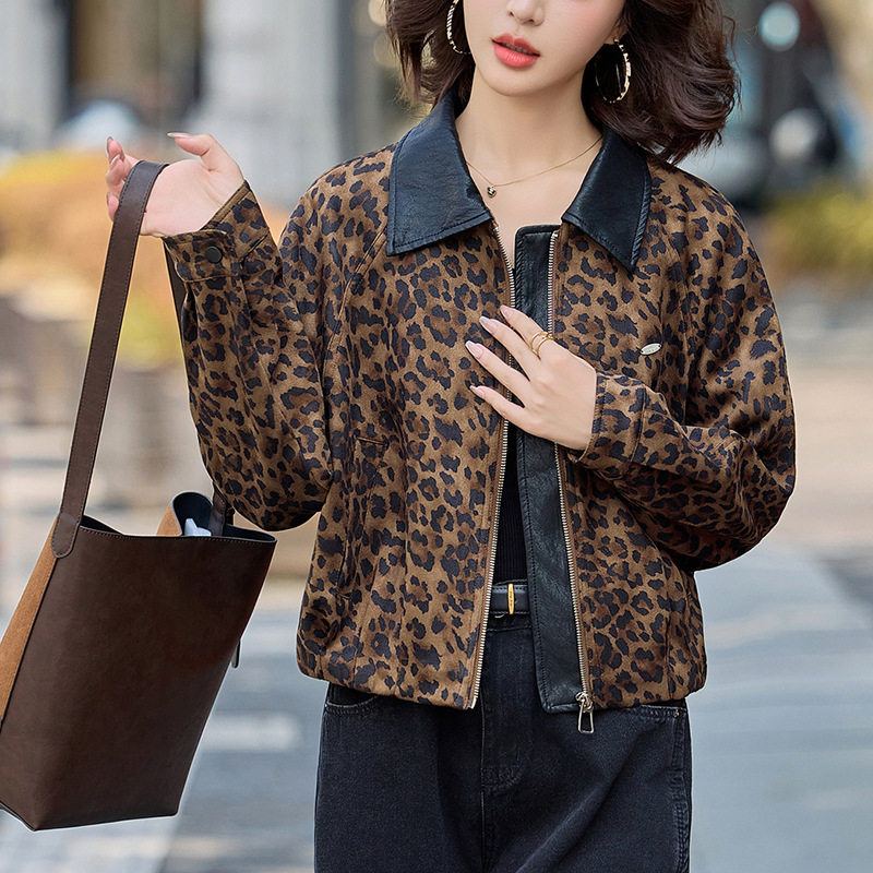 雀说美式复古豹纹翻领撞色外套女新款设计感小个子休闲夹克AL9070