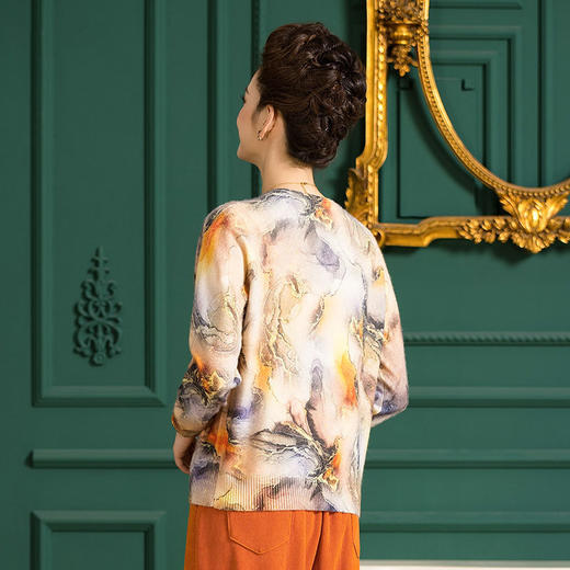 丁摩艺术印花羊毛开衫女圆领镶钻针织衫春秋百搭小开衫AL869 商品图2