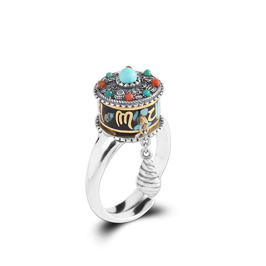 原创设计精工s925纯银镶嵌松石六字真言可转动经轮活口女戒指环 商品图4