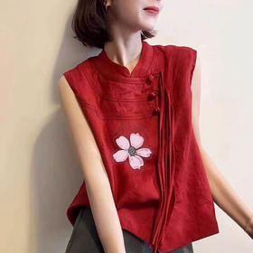 雀说新中式国风巨好看设计感上衣红色圆领盘扣无袖印花马甲AL