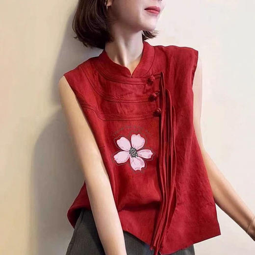 雀说新中式国风巨好看设计感上衣红色圆领盘扣无袖印花马甲AL 商品图0