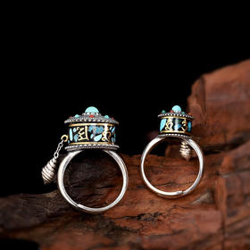 原创设计精工s925纯银镶嵌松石六字真言可转动经轮活口女戒指环