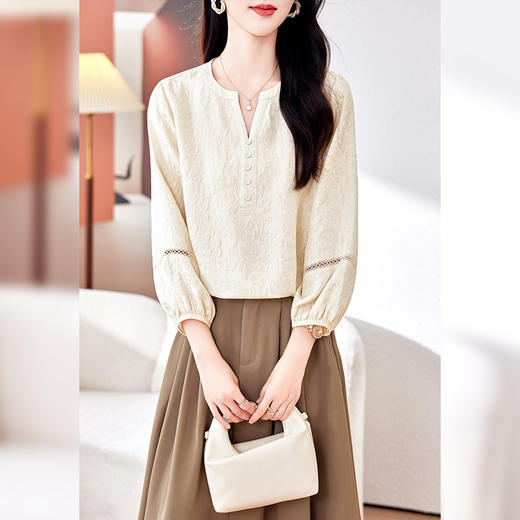 丁摩真丝冠乐绉七分袖衬衫时尚V领百搭高级感桑蚕丝上衣AL0157 商品图2