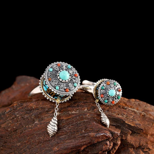 原创设计精工s925纯银镶嵌松石六字真言可转动经轮活口女戒指环 商品图3