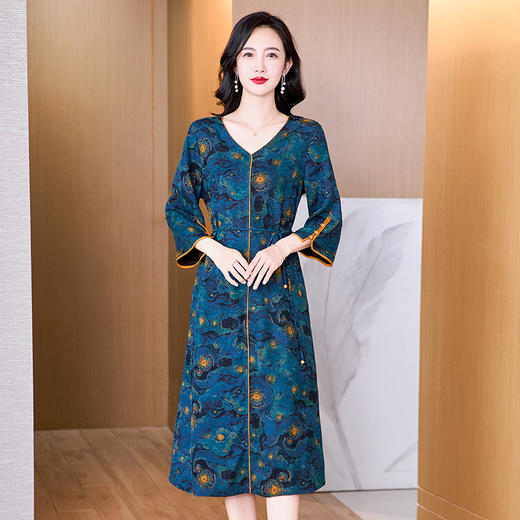 丁摩真丝香云纱连衣裙七分袖时尚减龄桑蚕丝裙AL2952 商品图1