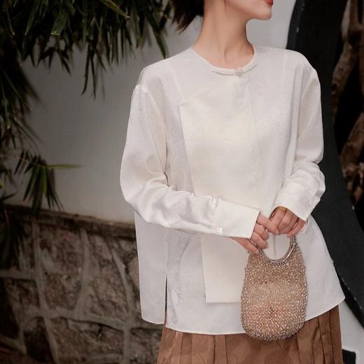 新中式斜襟衬衫 线描光影感提花☀ 包边圆领修饰脸型 匠心一字扣汇集东方气韵 商品图0