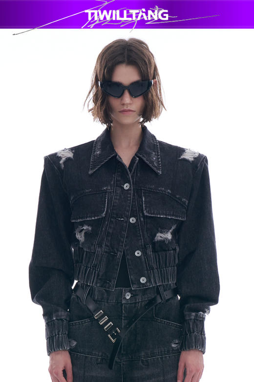 启世录TIWILLTANG “摇滚余晖”破洞牛仔外套女春秋显瘦水洗夹克 商品图5
