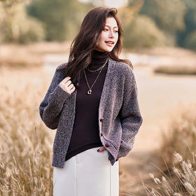 23区日系秋季通勤宽松羊毛羊绒混纺V领毛衣开衫针织毛衣商场同款