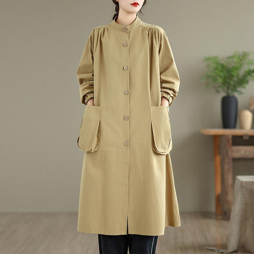 雀说文艺宽松大码女装长袖立领纯色大口袋中长款风衣外套AL999 商品图2