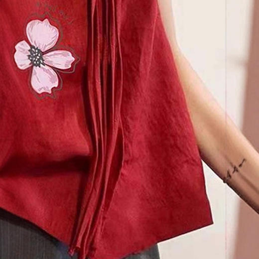 雀说新中式国风巨好看设计感上衣红色圆领盘扣无袖印花马甲AL 商品图1