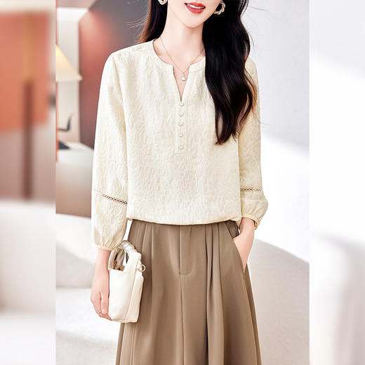 丁摩真丝冠乐绉七分袖衬衫时尚V领百搭高级感桑蚕丝上衣AL0157 商品图1