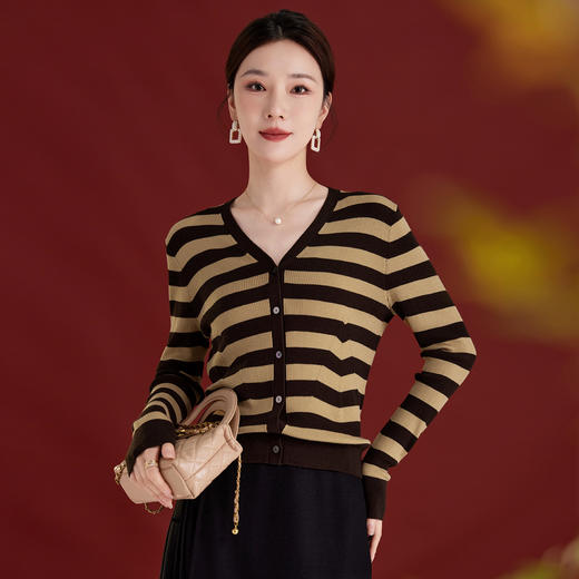 SM 1531撞色条纹v领显瘦针织毛衣开衫绵羊毛蚕丝 商品图0