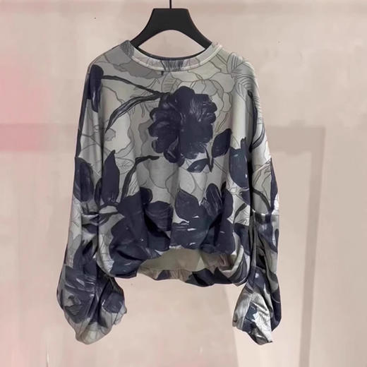 雀说流行的上衣高级感气质百搭灰绿色印花圆领长袖卫衣AL 商品图1