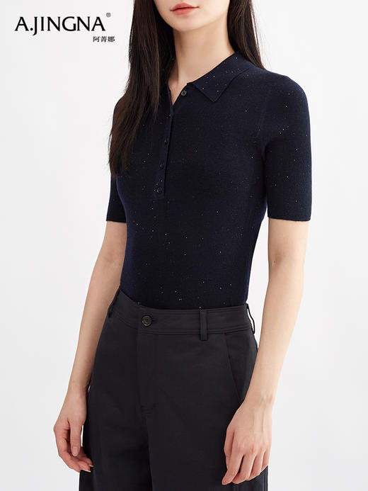 【亮闪金丝】阿菁娜简约POLO领法式优雅气质针织衫F30Q302038 商品图3