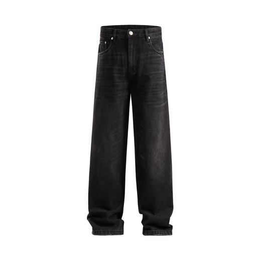 REDCHARCOAL红炭 酵磨漂猫须纹水洗阔版直筒牛仔裤男美式黑色裤子 商品图3