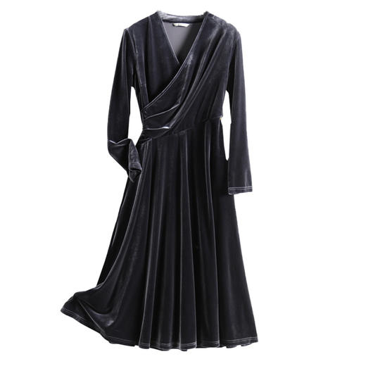 丁摩 黑色金丝绒连衣裙女春秋冬法式收腰高端时尚气质长袖打底裙5ZF-0819 商品图4